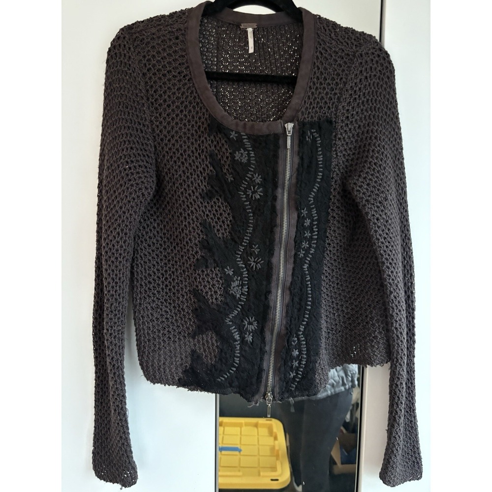 Free People Women's Sz M Femme Fatale Brown Moto Knit Full Zip Cardigan Jacket